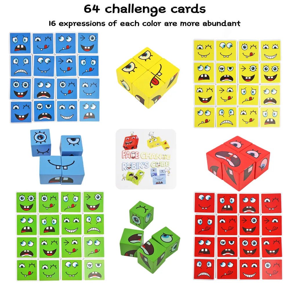 Face Change Rubiks Cube Game, Wooden Expressions Matching Blocks. In Tin